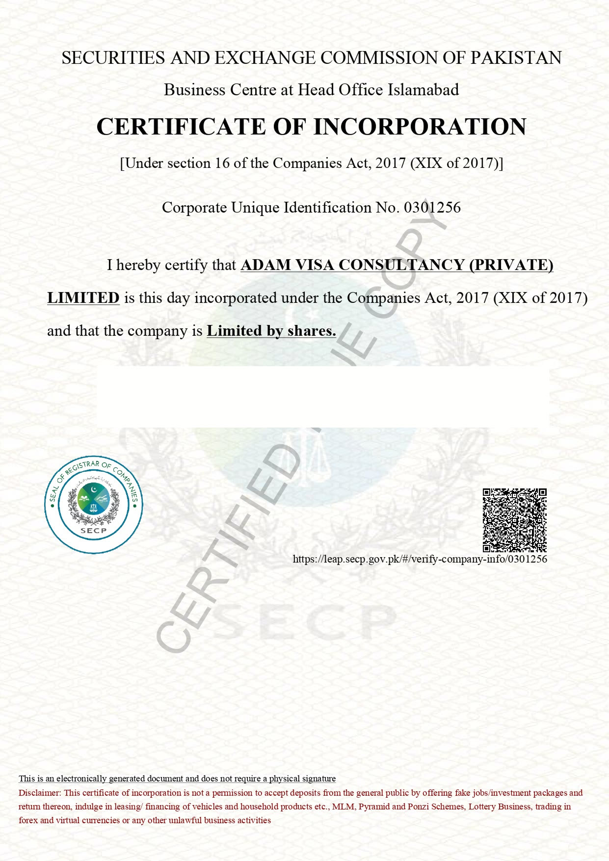 SECP Incorporation Letter