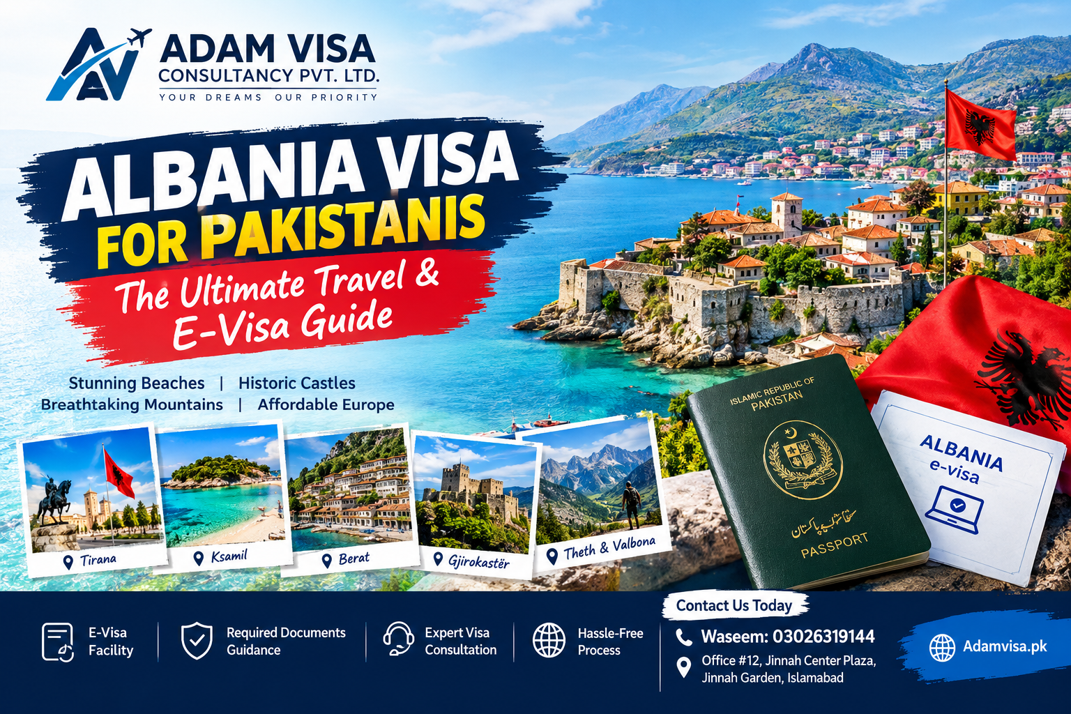 Albania Visa for Pakistanis – Albania e-Visa travel guide featuring Albanian Riviera, Pakistani passport and Adam Visa Consultancy